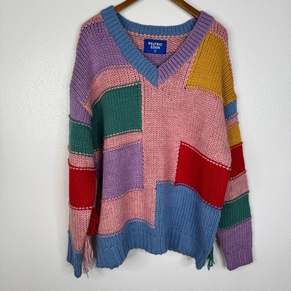 Aelfric Eden‎ Colorful Rainbow Fringe Sleeve Chunky Knit Sweater Size Medium - Picture 2 of 6